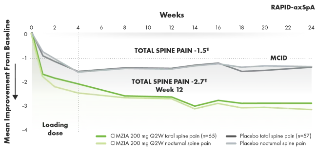 Graph depicting total and nocturnal spine pain improvement from baseline through week 24.