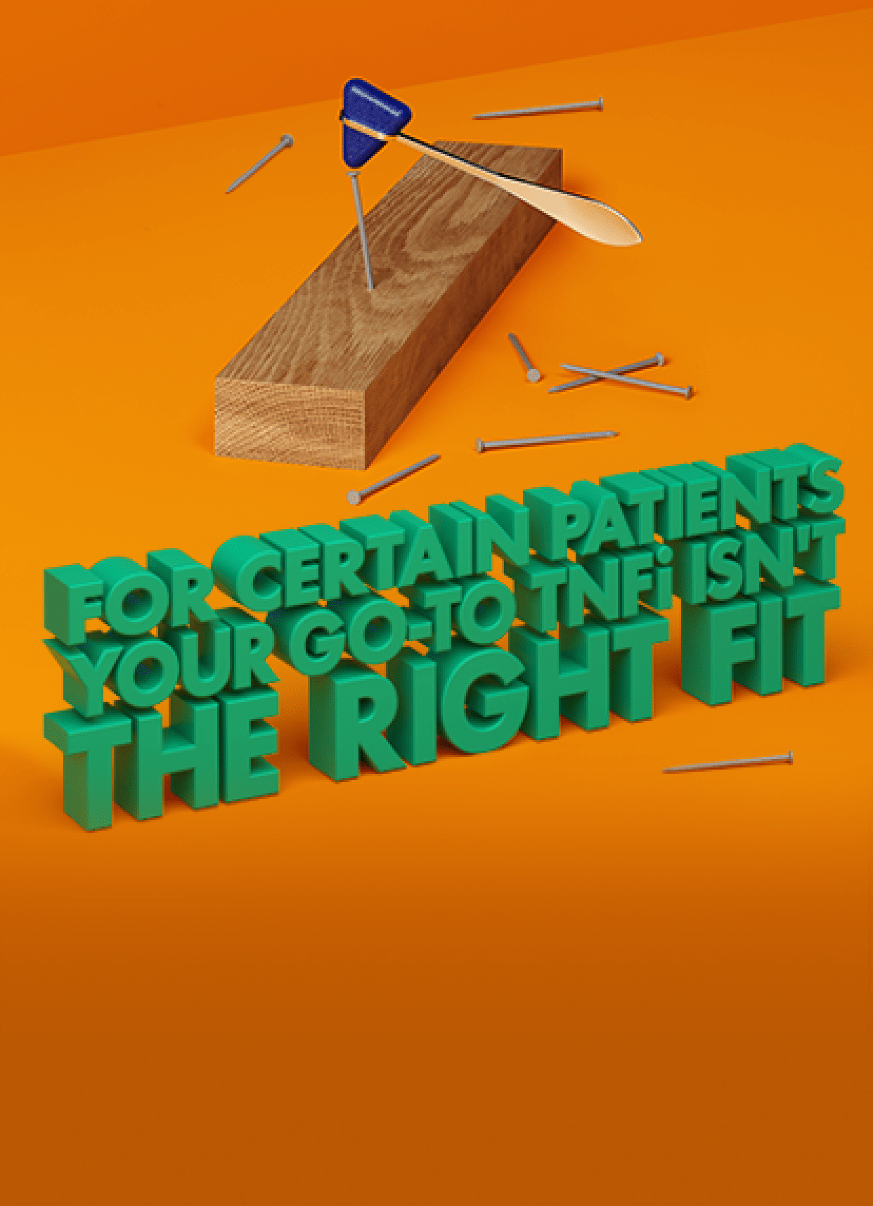 Reflex hammer hitting a nail in a board with an orange background